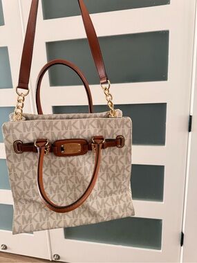 Michael Kors Beige MK Logo with Brown Leather Trim